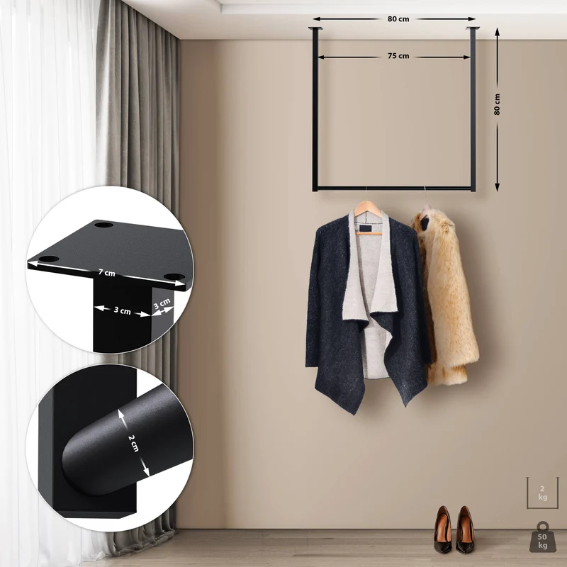 Tringle à vêtements suspendue porte-manteau 80x80 cm acier thermolaqué noir 10_0008983