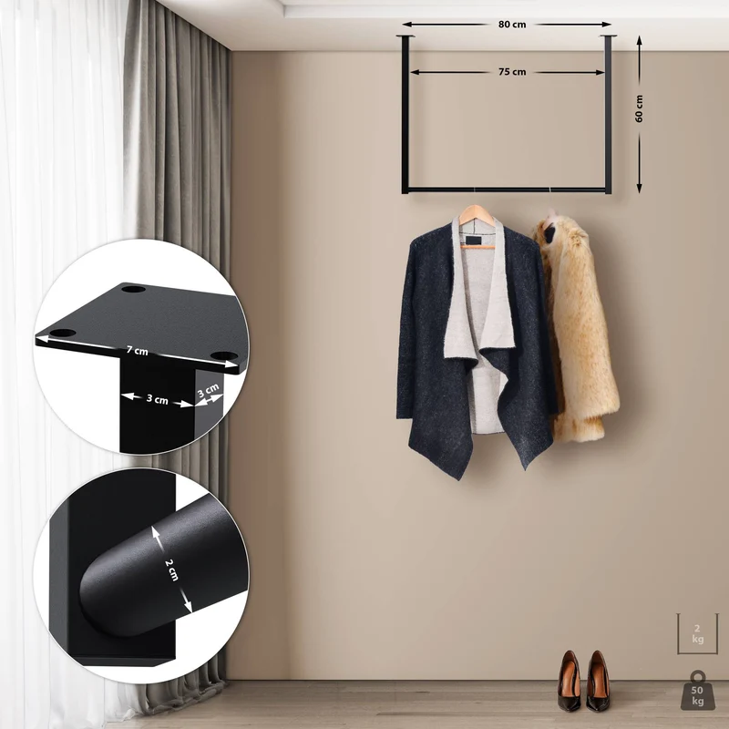 Tringle à vêtements suspendue porte-manteau 80x60 cm acier thermolaqué noir 10_0008982