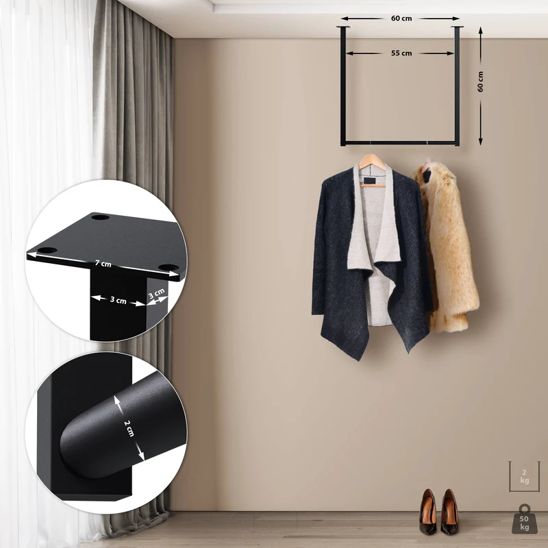 Tringle à vêtements suspendue porte-manteau 60x60 cm acier thermolaqué noir 10_0008981