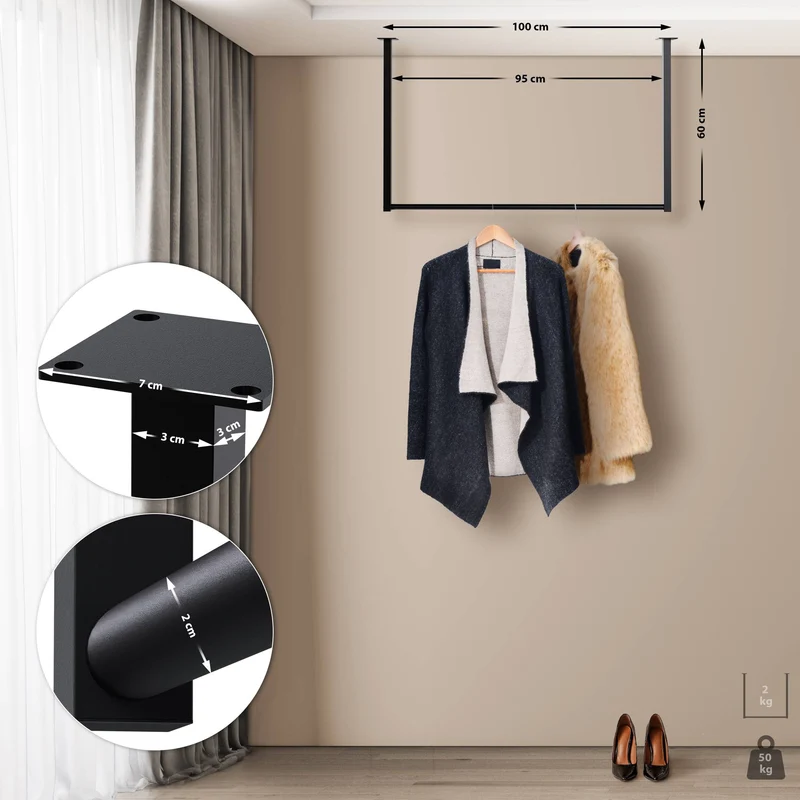 Tringle à vêtements suspendue porte-manteau 100x60 cm acier thermolaqué noir 10_0008980