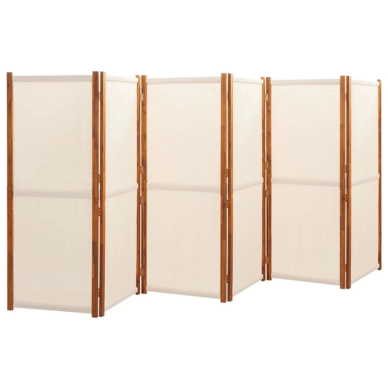 Paravent séparateur de pièce cloison 6 panneaux 420 x 180 cm textilène crème et bois DEC031070