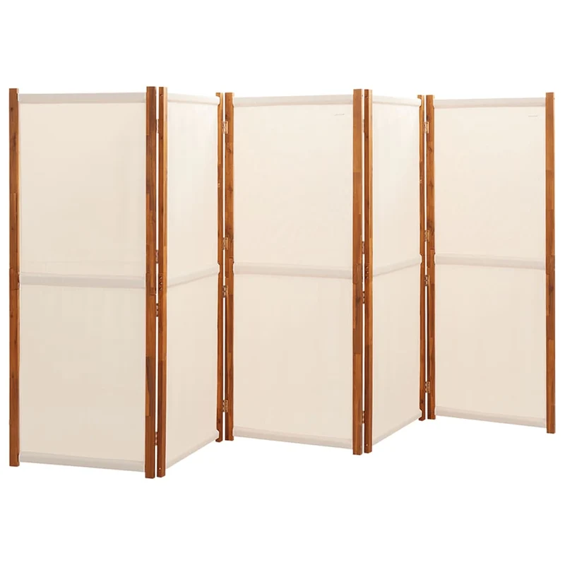 Paravent séparateur de pièce cloison 5 panneaux 350 x 180 cm textilène crème et bois DEC030966