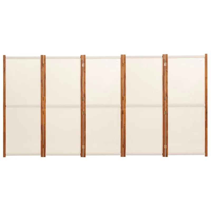 Paravent séparateur de pièce cloison 5 panneaux 350 x 180 cm textilène crème et bois DEC030966
