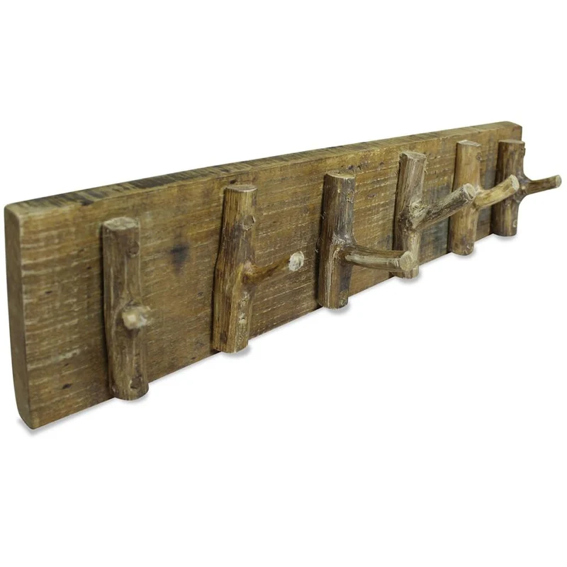 Porte-manteau en bois de récupération massif style rustique avec 6 crochets 60x15 cm DEC024191