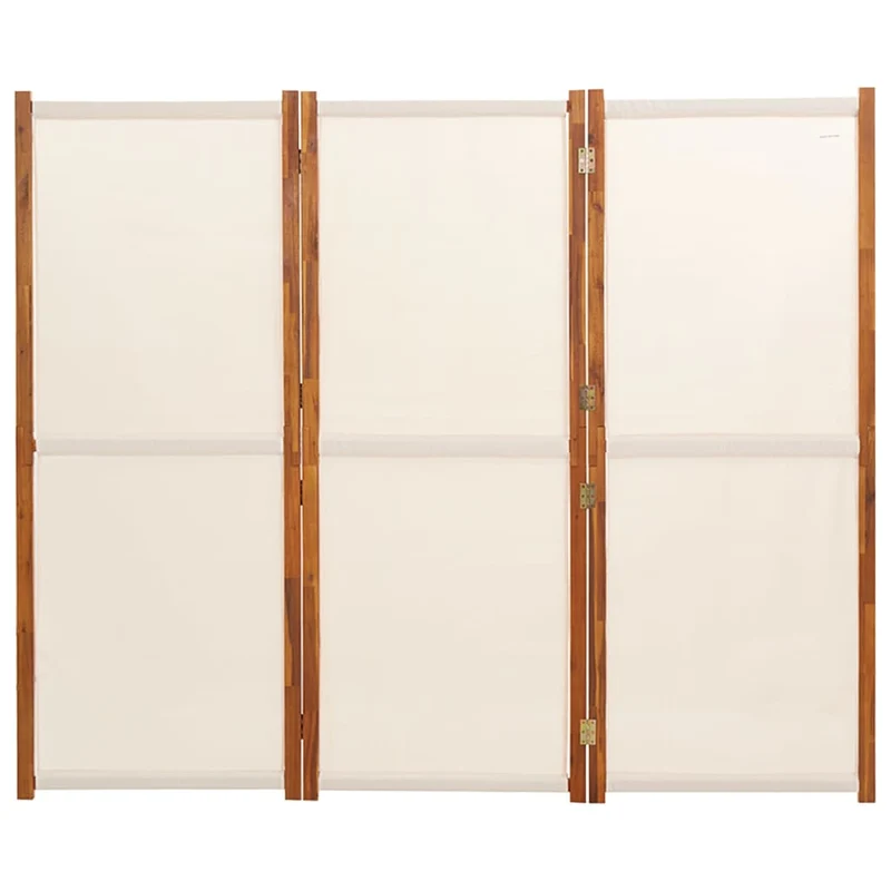 Paravent séparateur de pièce cloison 3 panneaux 210 x 180 cm textilène crème et bois DEC030760