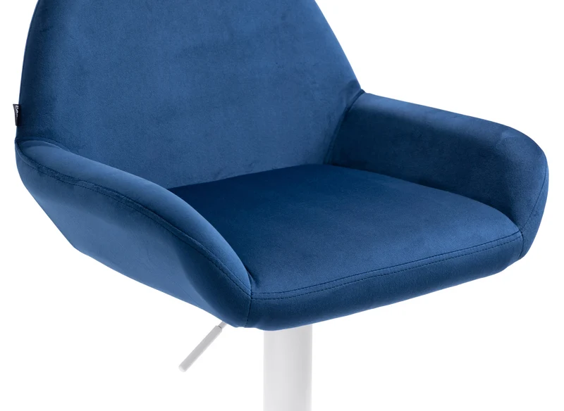 Tabouret de bar en velours rembourré bleu base trompette métal blanc mat TDB10412