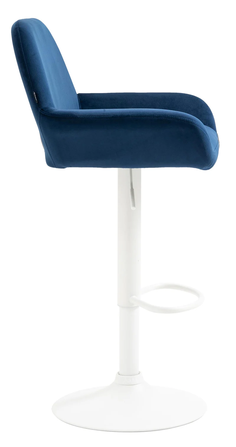 Tabouret de bar en velours rembourré bleu base trompette métal blanc mat TDB10412