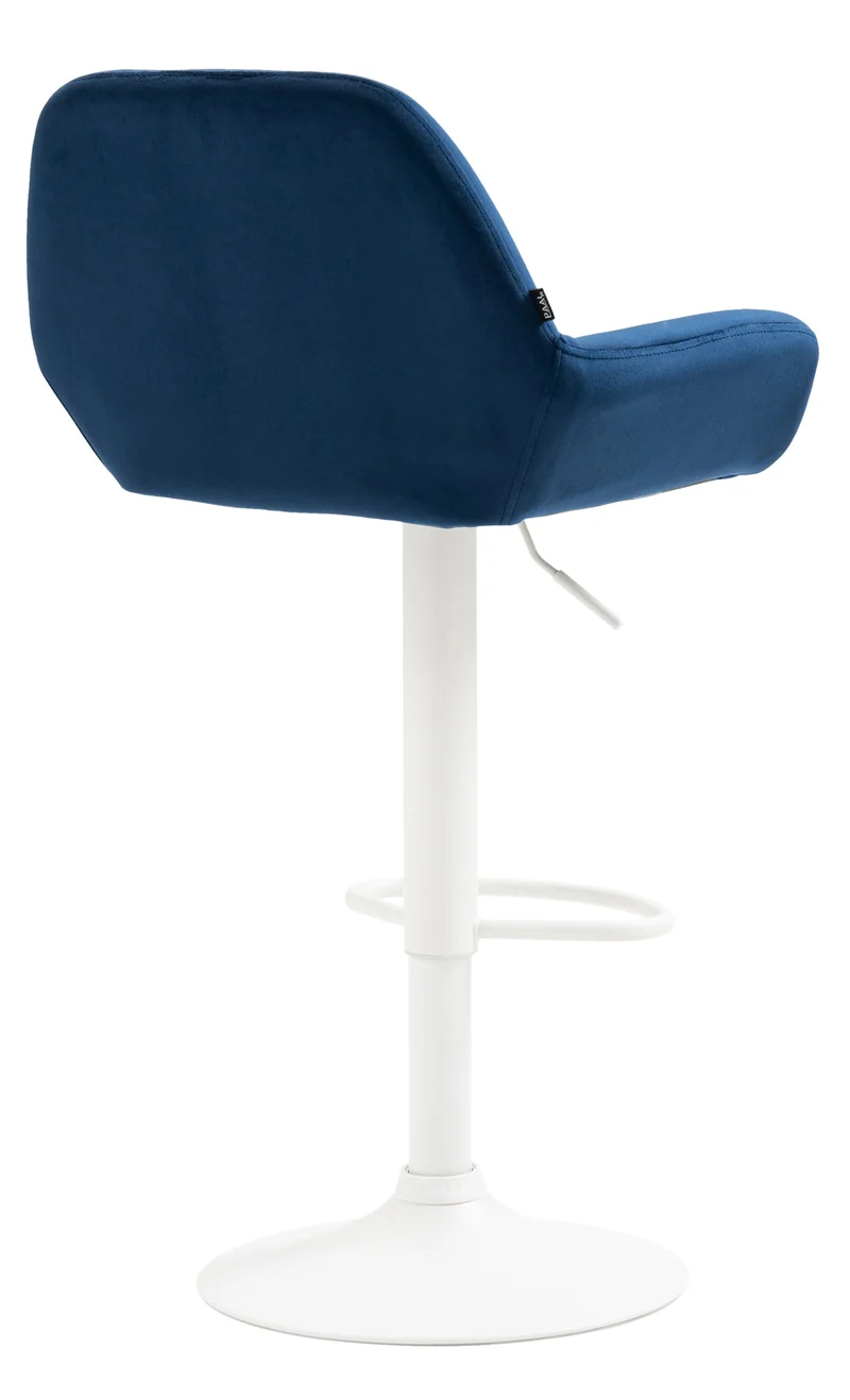 Tabouret de bar en velours rembourré bleu base trompette métal blanc mat TDB10412