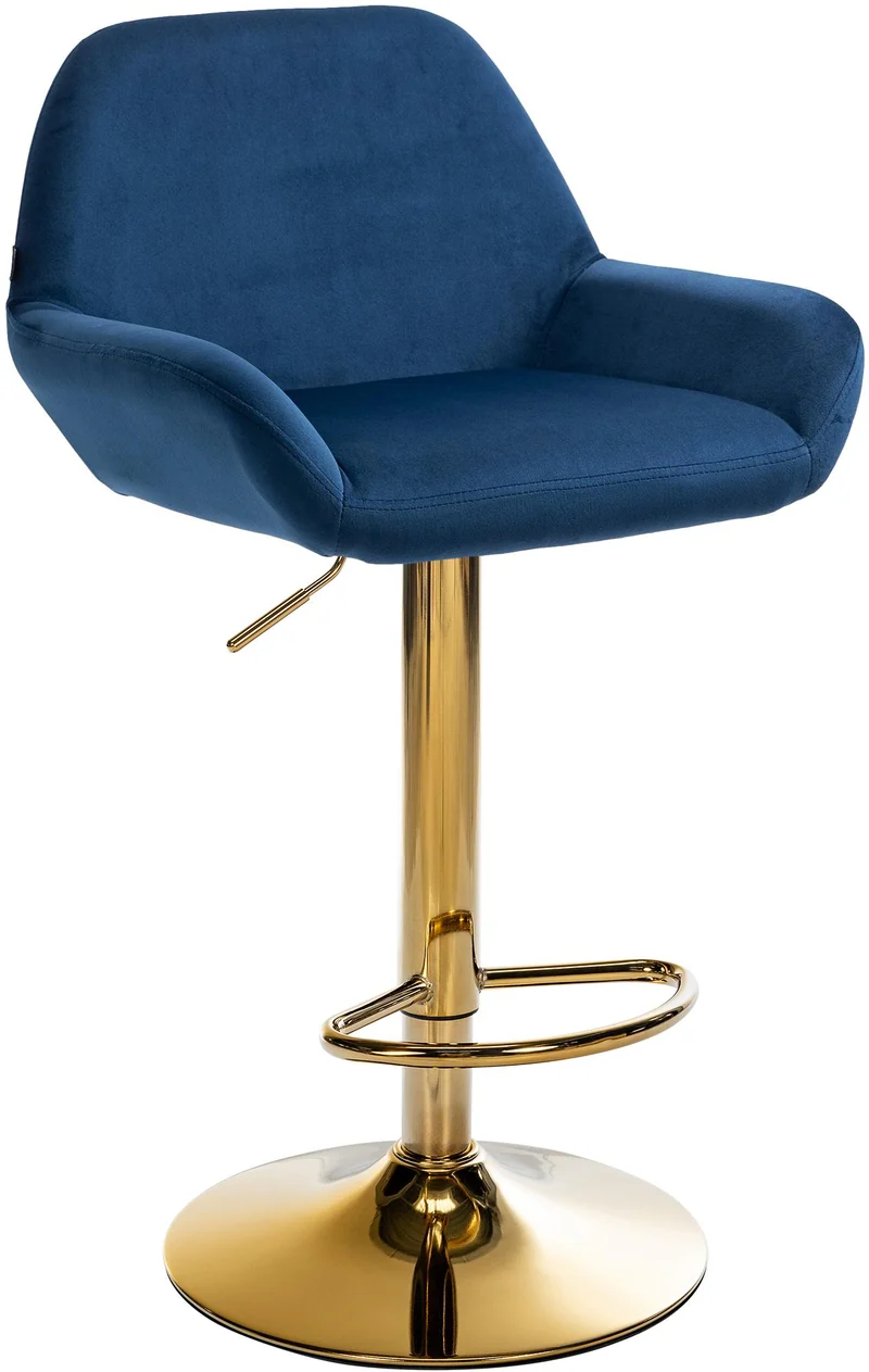 Tabouret de bar x1 avec repose-pieds et accoudoirs en velours bleu piètement en trompette métal doré 10_0006493