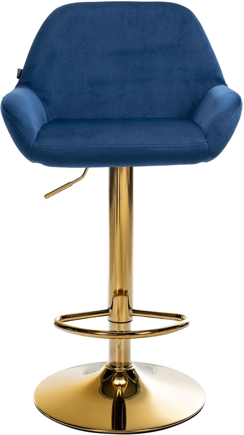 Tabouret de bar x1 avec repose-pieds et accoudoirs en velours bleu piètement en trompette métal doré 10_0006493