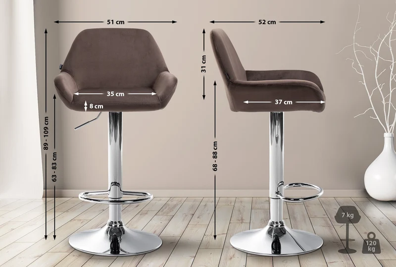 Lot de 2 tabourets de bar repose-pieds en forme d'arc en métal chromé assise en velours marron 10_0004030