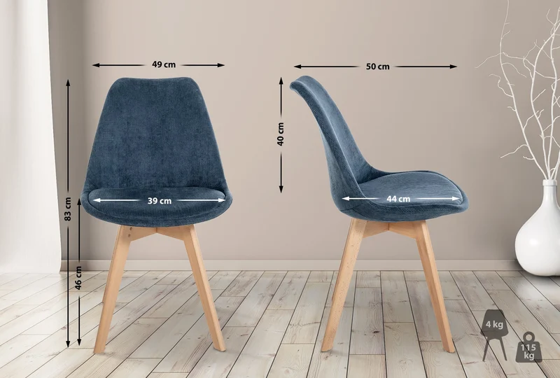 Chaise de salle à manger x1 design scandinave en velours côtelé bleu et pieds en bois clair 10_0002279
