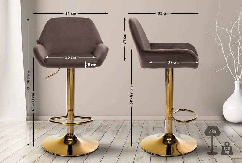 Lot de 2 tabourets de bar repose-pieds intégré revêtement velours marron structure en métal doré TDB10736