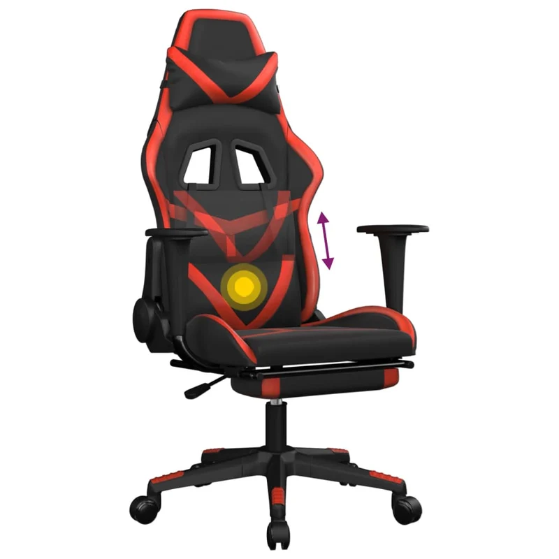 Fauteuil de bureau chaise gaming fonction de massage avec coussin lombaire avec repose-pieds en PVC noir et rouge DEC025860