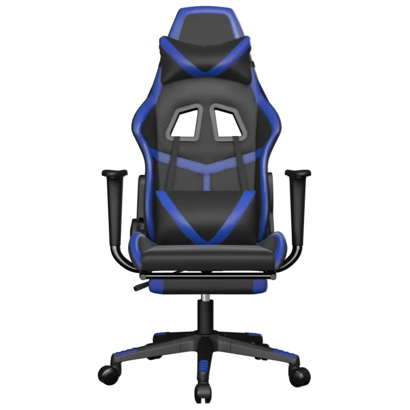 Fauteuil de bureau chaise gaming sur roulettes avec repose-pieds en PVC noir et bleu DEC025753