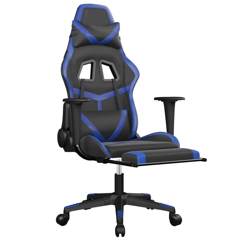 Fauteuil de bureau chaise gaming sur roulettes avec repose-pieds en PVC noir et bleu DEC025753