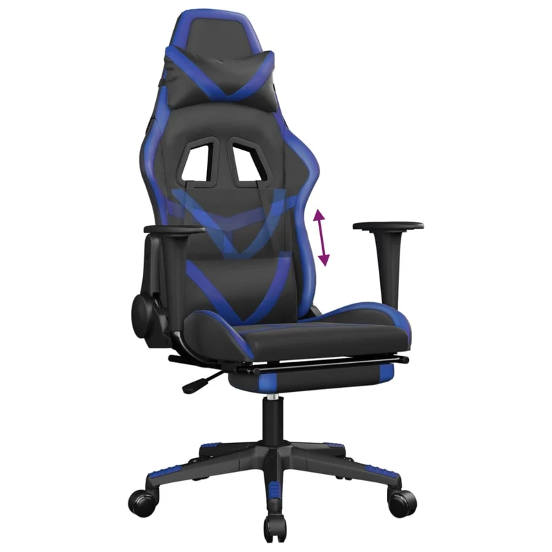 Fauteuil de bureau chaise gaming sur roulettes avec repose-pieds en PVC noir et bleu DEC025753