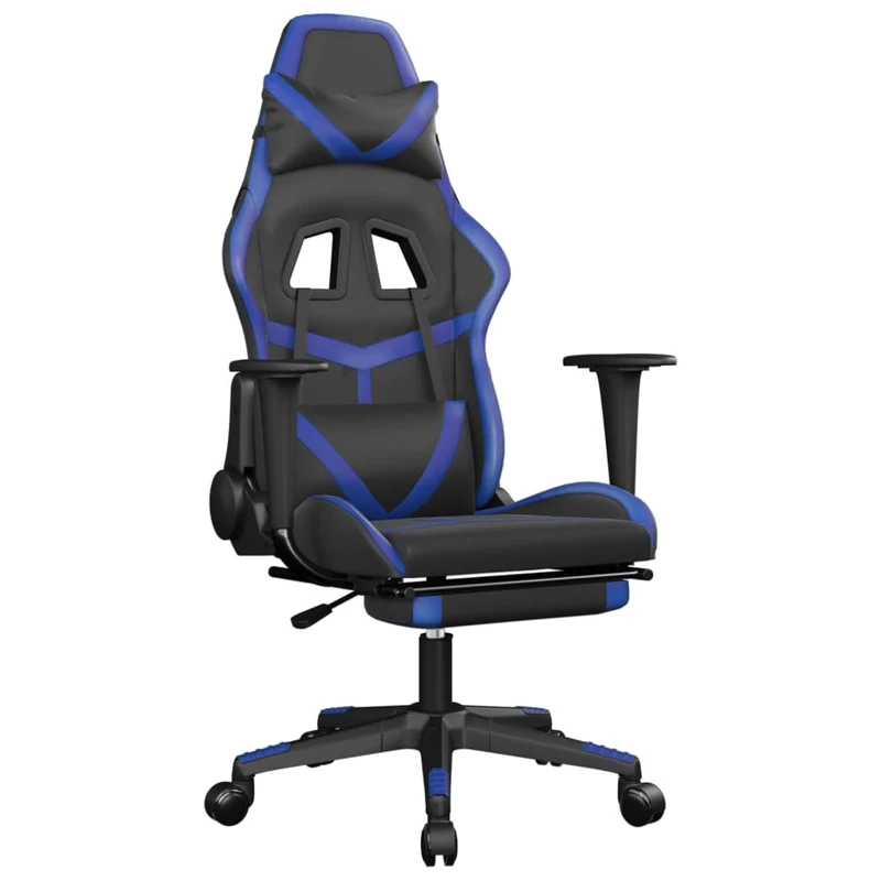 Fauteuil de bureau chaise gaming avec coussin lombaire fonction de massage et repose-pieds en PVC bleu et noir DEC025880