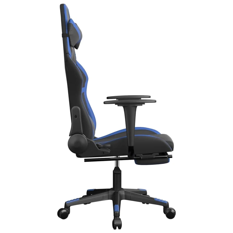 Fauteuil de bureau chaise gaming avec coussin lombaire fonction de massage et repose-pieds en PVC bleu et noir DEC025880