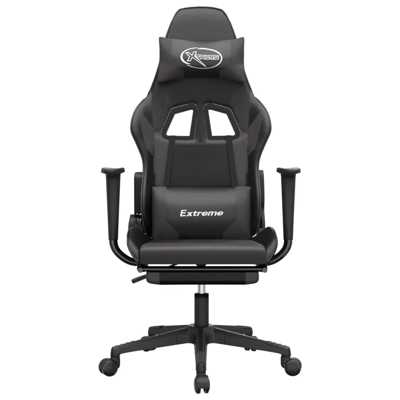 Fauteuil de bureau chaise gaming sur roulettes avec coussin lombaire et repose-pieds en PVC gris et noir DEC025881