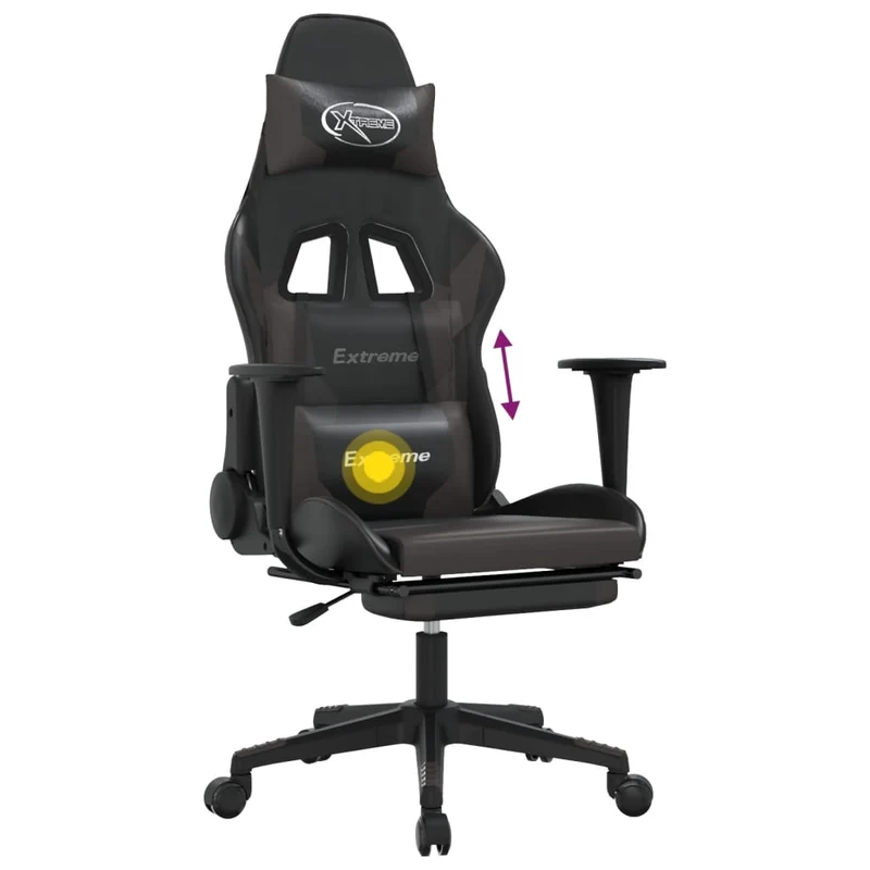 Fauteuil de bureau chaise gaming sur roulettes avec coussin lombaire et repose-pieds en PVC gris et noir DEC025881