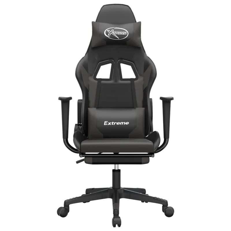 Fauteuil de bureau chaise gaming sur roulettes avec repose-pieds en PVC gris et noir DEC025779