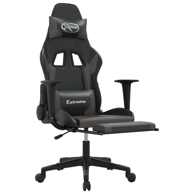 Fauteuil de bureau chaise gaming sur roulettes avec repose-pieds en PVC gris et noir DEC025779