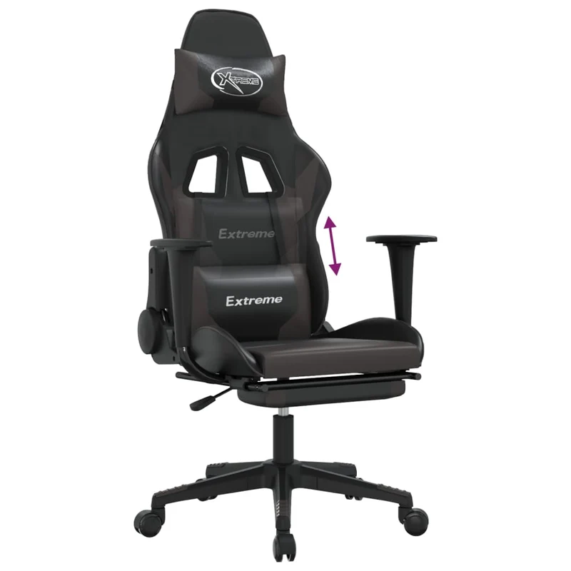 Fauteuil de bureau chaise gaming sur roulettes avec repose-pieds en PVC gris et noir DEC025779