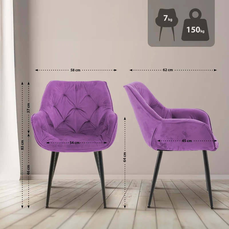 Lot de 2 chaises de salle à manger coutures décoratives en velours violet et pieds en métal noir 10_0007715