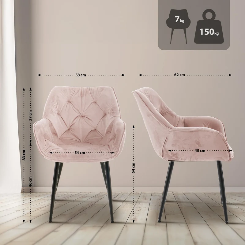Lot de 4 chaises de salle à manger coutures décoratives en velours rose et pieds en métal noir 10_0007669