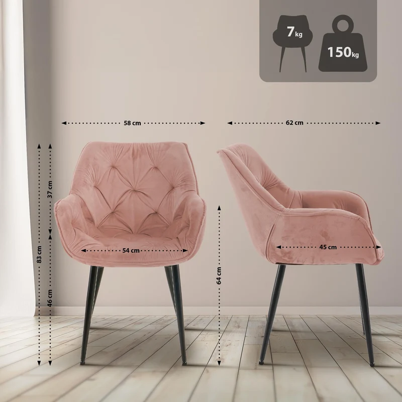 Lot de 2 chaises de salle à manger coutures décoratives en velours rose et pieds en métal noir 10_0007628