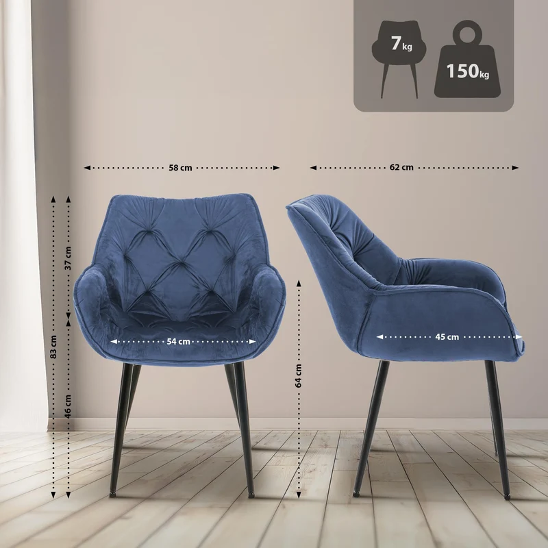 Lot de 4 chaises de salle à manger coutures décoratives en velours bleu et pieds en métal noir 10_0007568