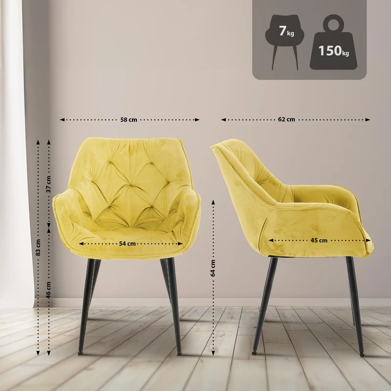 Lot de 2 chaises de salle à manger coutures décoratives en velours jaune et pieds en métal noir 10_0007559