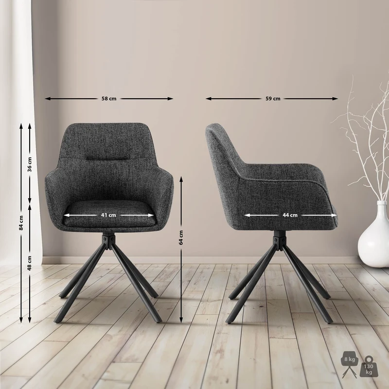 Chaise pivotante style moderne et contemporain en tissu gris foncé piètement à quatre pieds métal noir 10_0007280