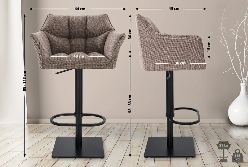 Tabourets de bar x2 réglable en tissu marron clair assise enveloppante capitonnée avec base carrée métal noir 10_0006842