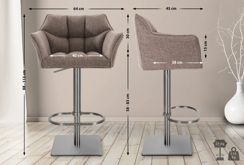Tabouret de bar x1 réglable en tissu marron clair assise enveloppante capitonnée avec base carrée acier inoxydable 10_0006696