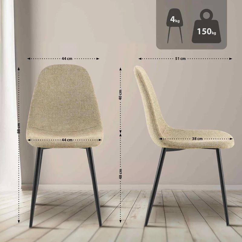 Lot de 4 chaises de salle à manger design simple avec pieds en métal noir assise en tissu taupe 10_0007540