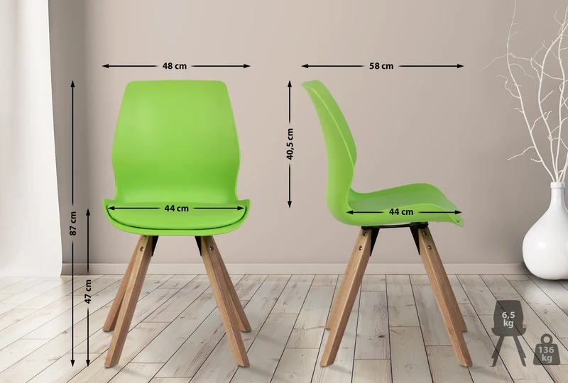 Chaise de salle à manger x1 design scandinave en plastique et PVC vert et pieds en bois carrés clair 10_0007633
