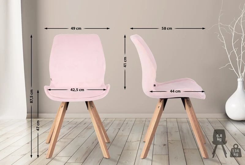 Chaise de salle à manger x1 design scandinave en velours rose et pieds en bois carrés clair 10_0007438