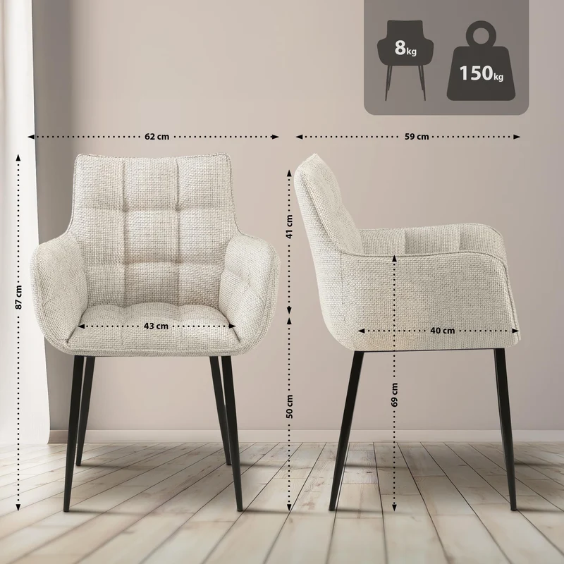 Chaise design rembourrée en tissu crème design enveloppant pieds métal noir 10_0007489