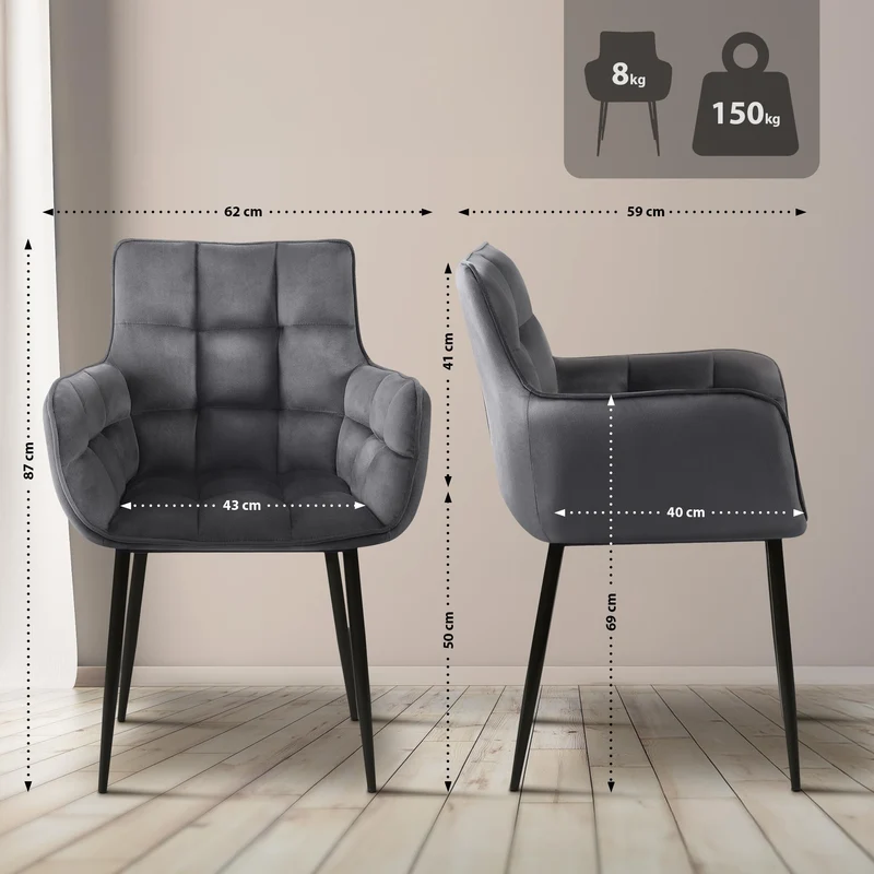 Chaise design rembourrée en velours gris foncé design enveloppant pieds métal noir 10_0007488