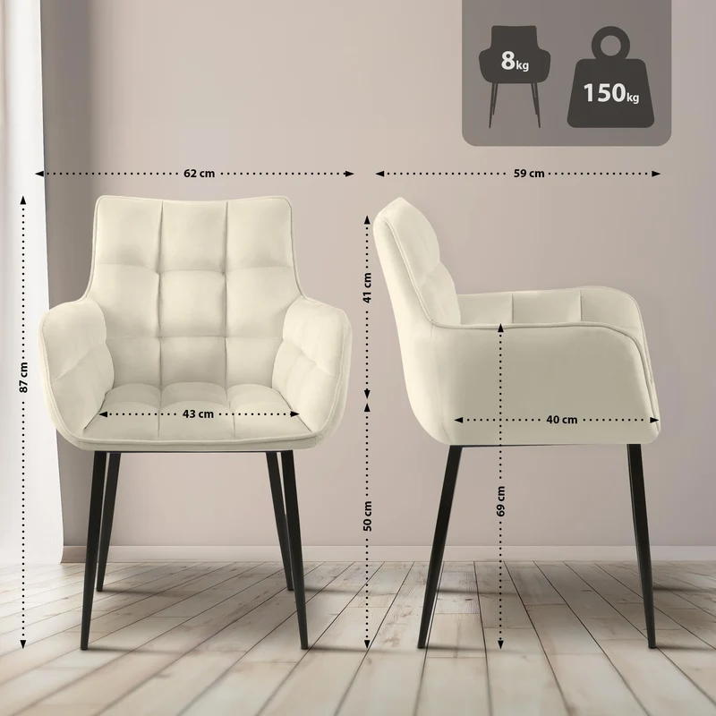 Chaise design rembourrée en velours crème design enveloppant pieds métal noir 10_0007487