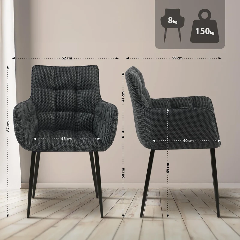 Chaise design rembourrée en tissu gris foncé design enveloppant pieds métal noir 10_0007481