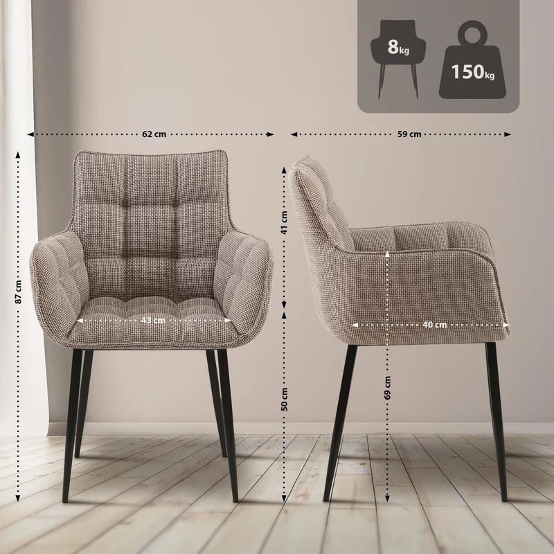 Chaise design rembourrée en tissu marron clair design enveloppant pieds métal noir 10_0007432