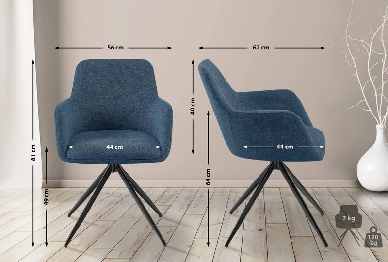 Chaise de salle à manger x1 pivotante rembourrée avec accoudoirs en tissu bleu cadre métal 10_0007357