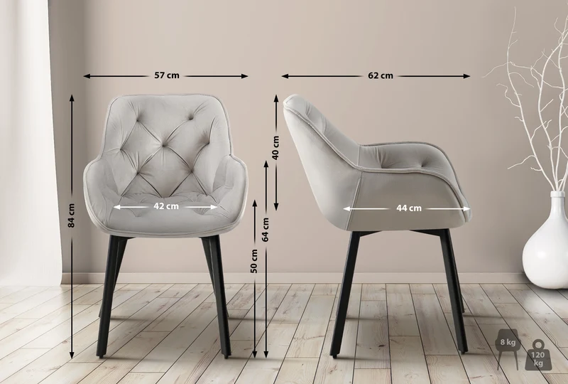 Lot de 2 chaises de salle à manger assise pivotante en velours gris clair motif matelassé cadre métal 10_0007620