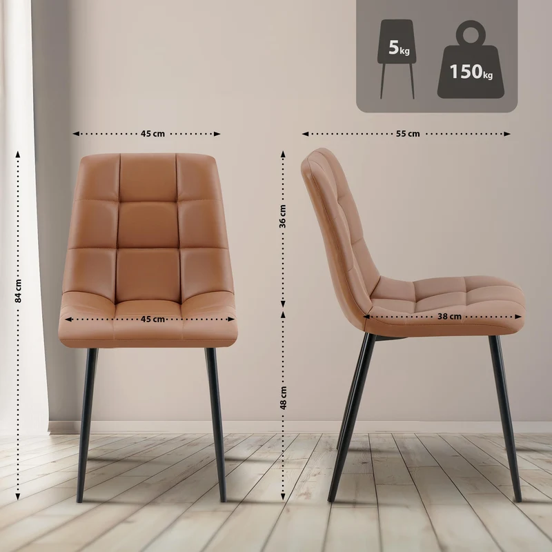 Chaise de salle à manger x1 avec coutures décoratives carrées en similicuir marron cadre métal 10_0007137