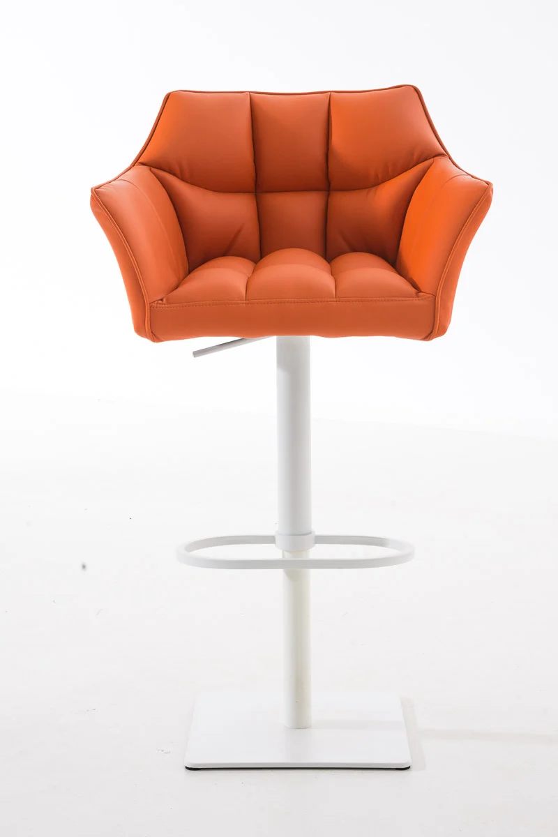 Tabouret de bar chaise haute de comptoir couture carrées assise en PVC orange cadre en métal blanc 10_0004739