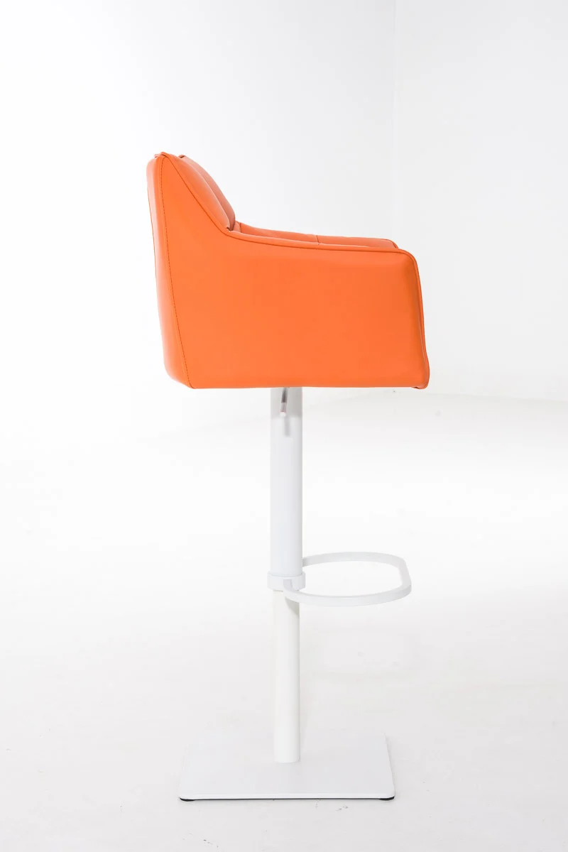 Tabouret de bar chaise haute de comptoir couture carrées assise en PVC orange cadre en métal blanc 10_0004739