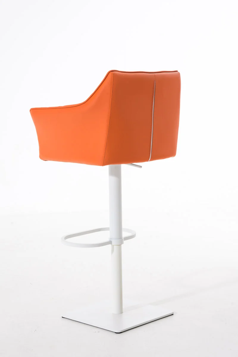 Tabouret de bar chaise haute de comptoir couture carrées assise en PVC orange cadre en métal blanc 10_0004739